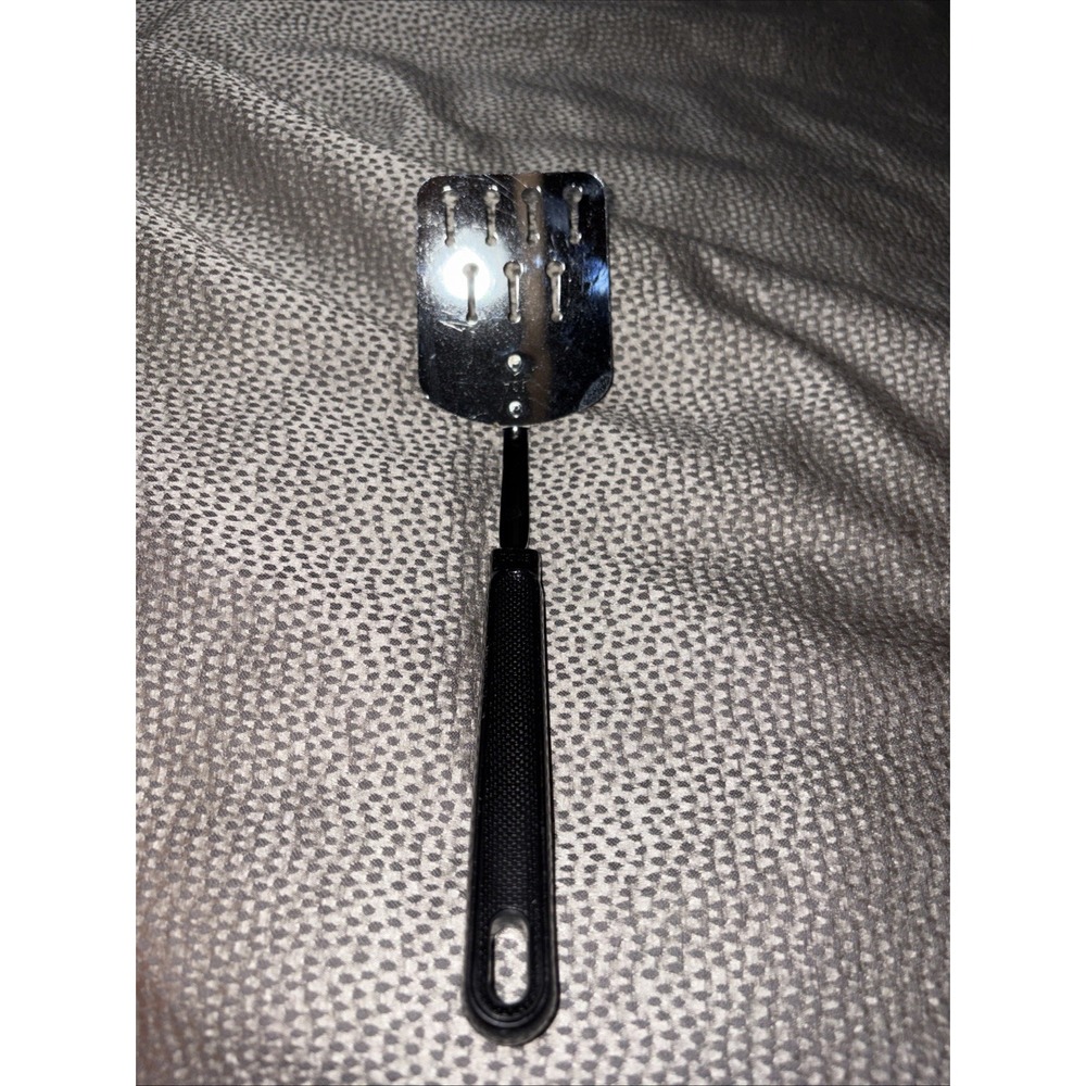 New Vintage Ekco SPATULA Chrome Keyhole Slots 10" Black Plastic Handle